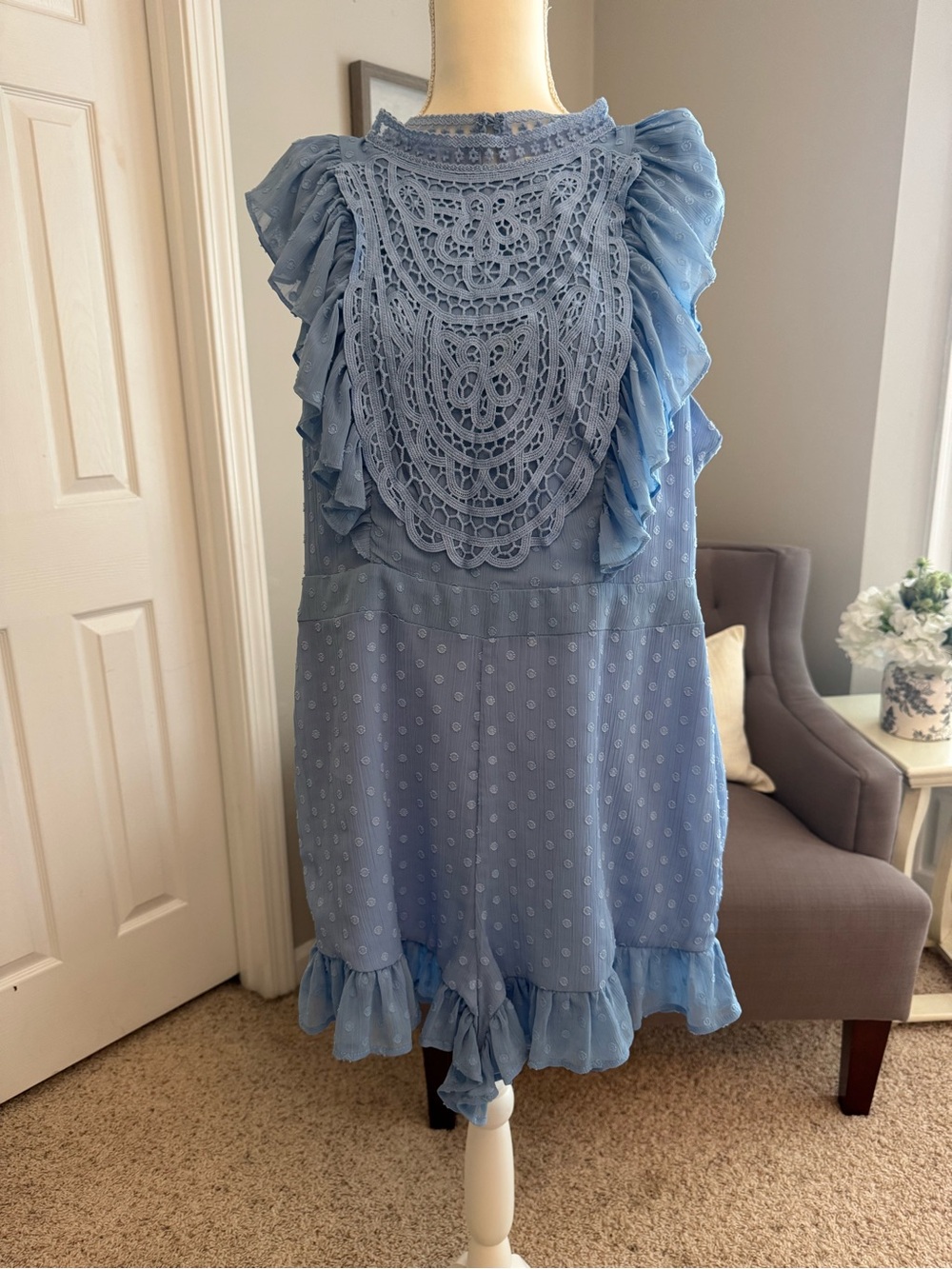 Light Blue Ruffled Crochet Front Romper